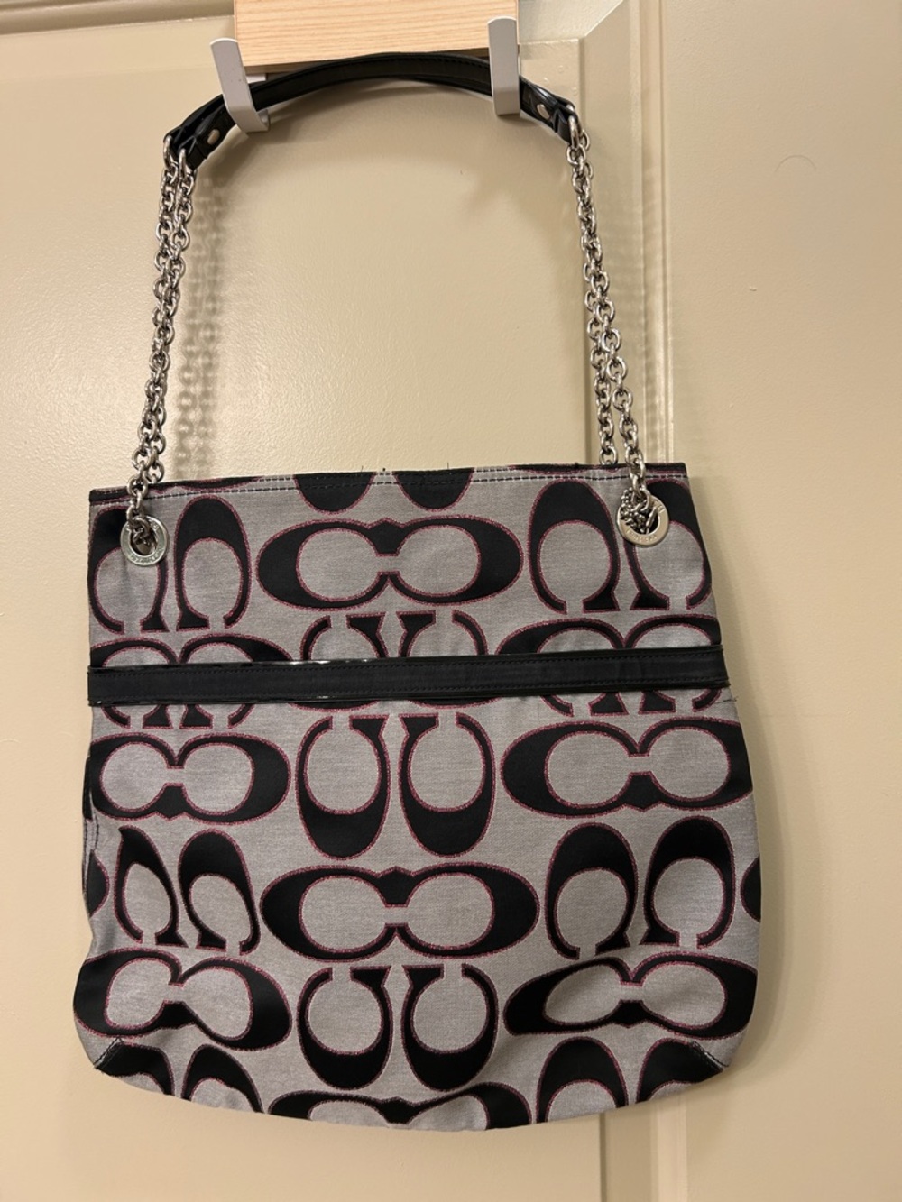 Coach Gray and Black Signature Canvas Shoulder Bag with Pink Accent - Picture 2 of 3